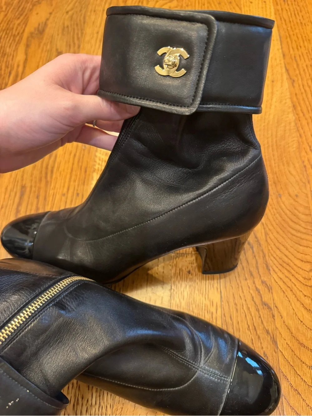 Chanel CC Turnlock Black Leather Patent Cap Toe Ankle Boots EU 40.5